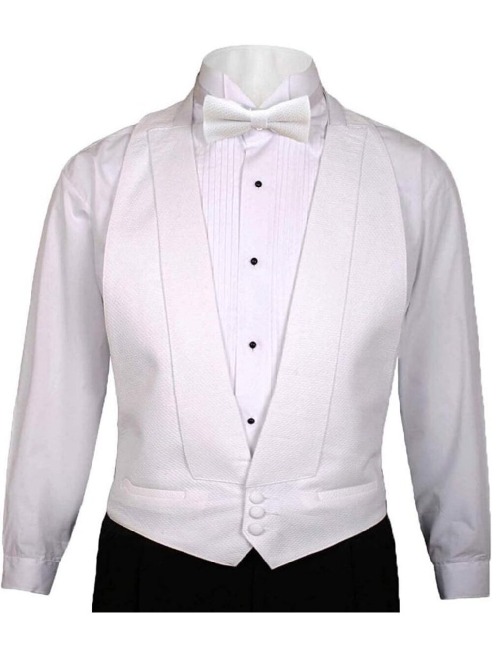 Chic White Cotton Pique Tuxedo Open Back Vest & Bow Tie Set for Formal Events
